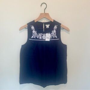COPY - J Crew Embroidered Floral Tank Top Linen Cotton Navy Blue White 0